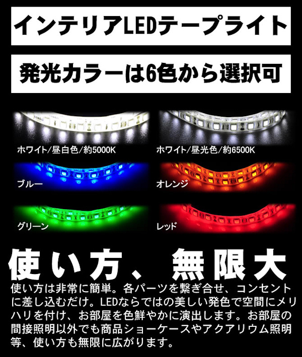 家庭用 LED テープ ライト 高輝度 3チップ内蔵SMD60連搭載◎1m◎14W◎1 ...